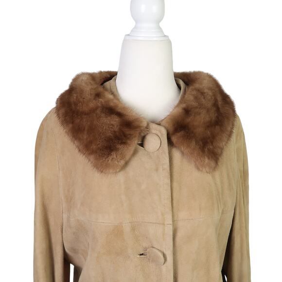 Vintage 60s tan brown suede leather mid length coat fur collar 10 - Picture 2 of 5